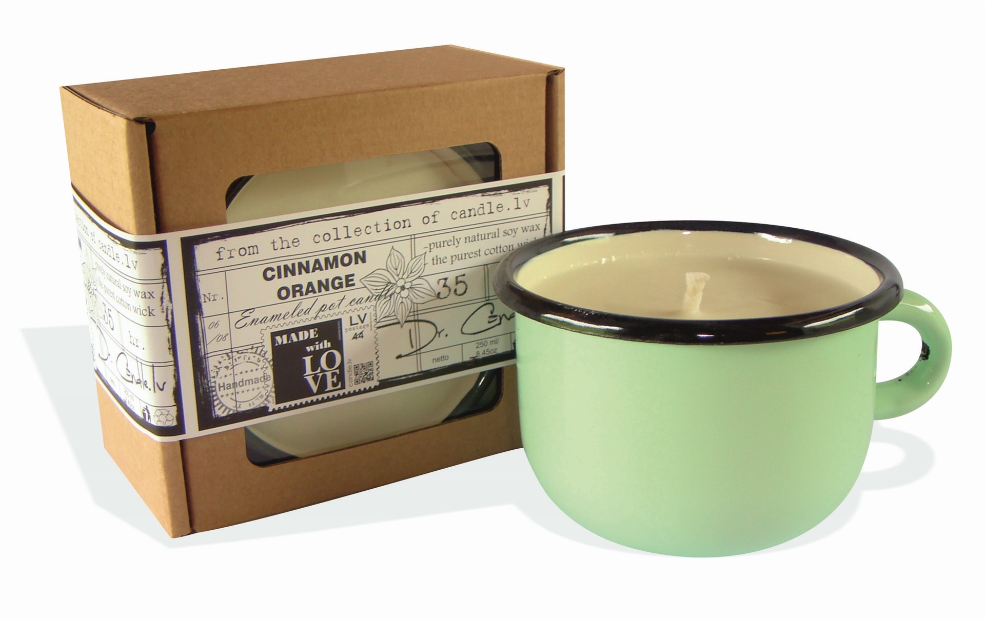 Exclusive interior enameled pot soy wax candle with a cotton wick, 250ml cinnamon orange