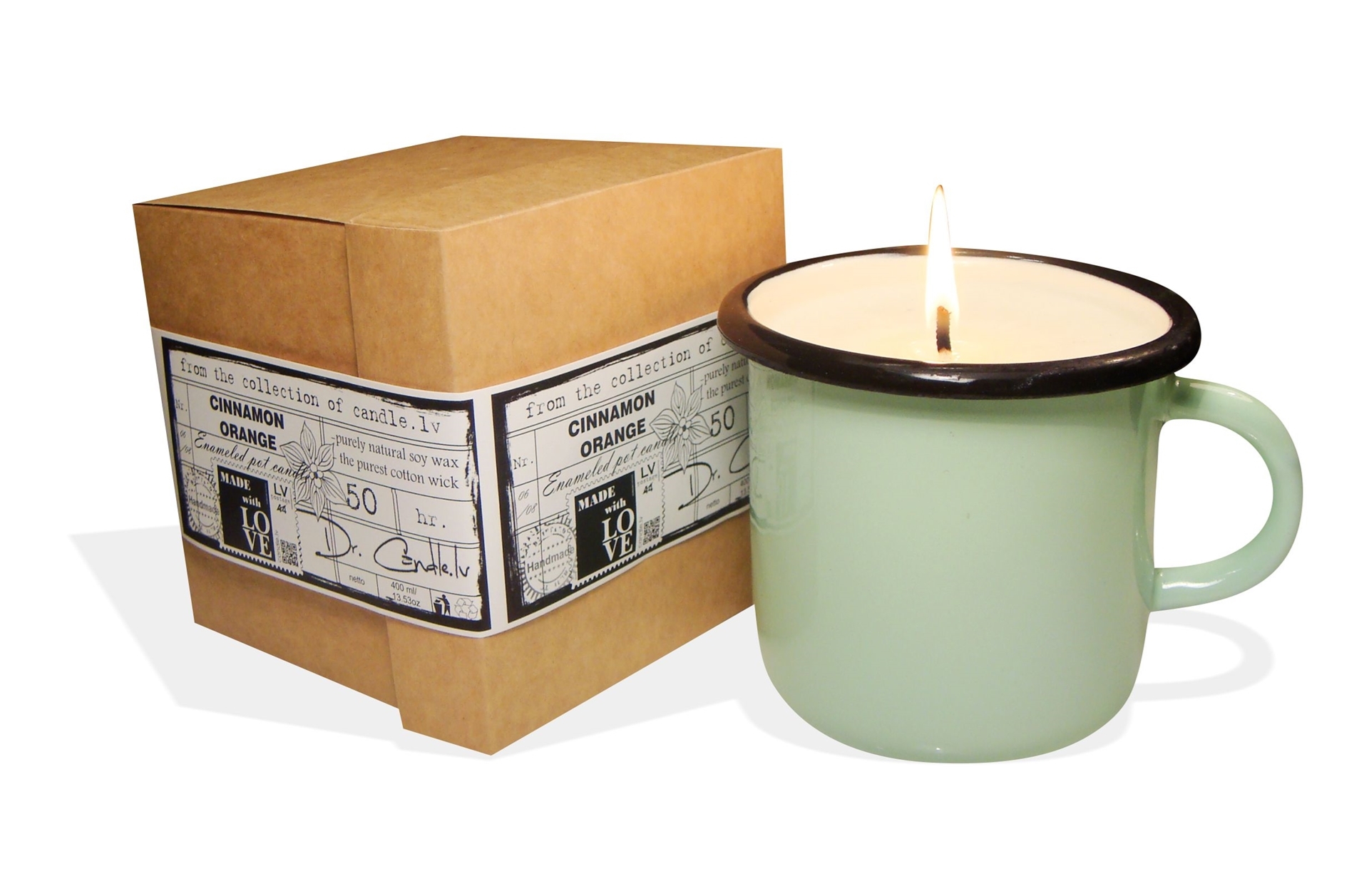 Exclusive interior enameled pot soy wax candle with a cotton wick, 400ml cinnamon orange