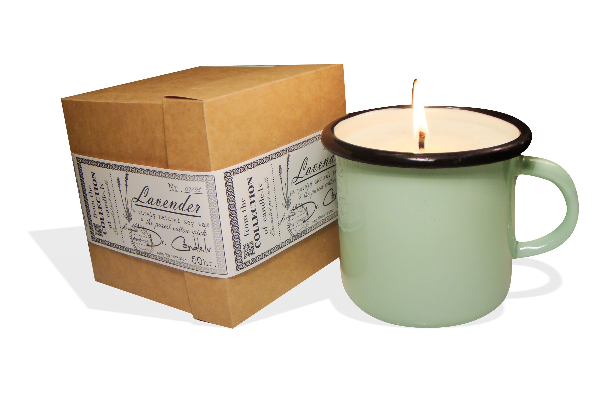 Exclusive interior enameled pot soy wax candle with a cotton wick, 400ml lavender