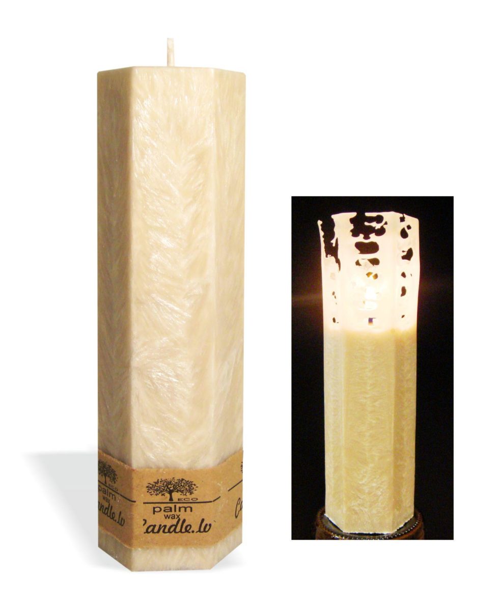 Lace palm wax beige pillar candle with a crystal design look and a cotton wick, without aroma, Ø 50mm, h 165mm