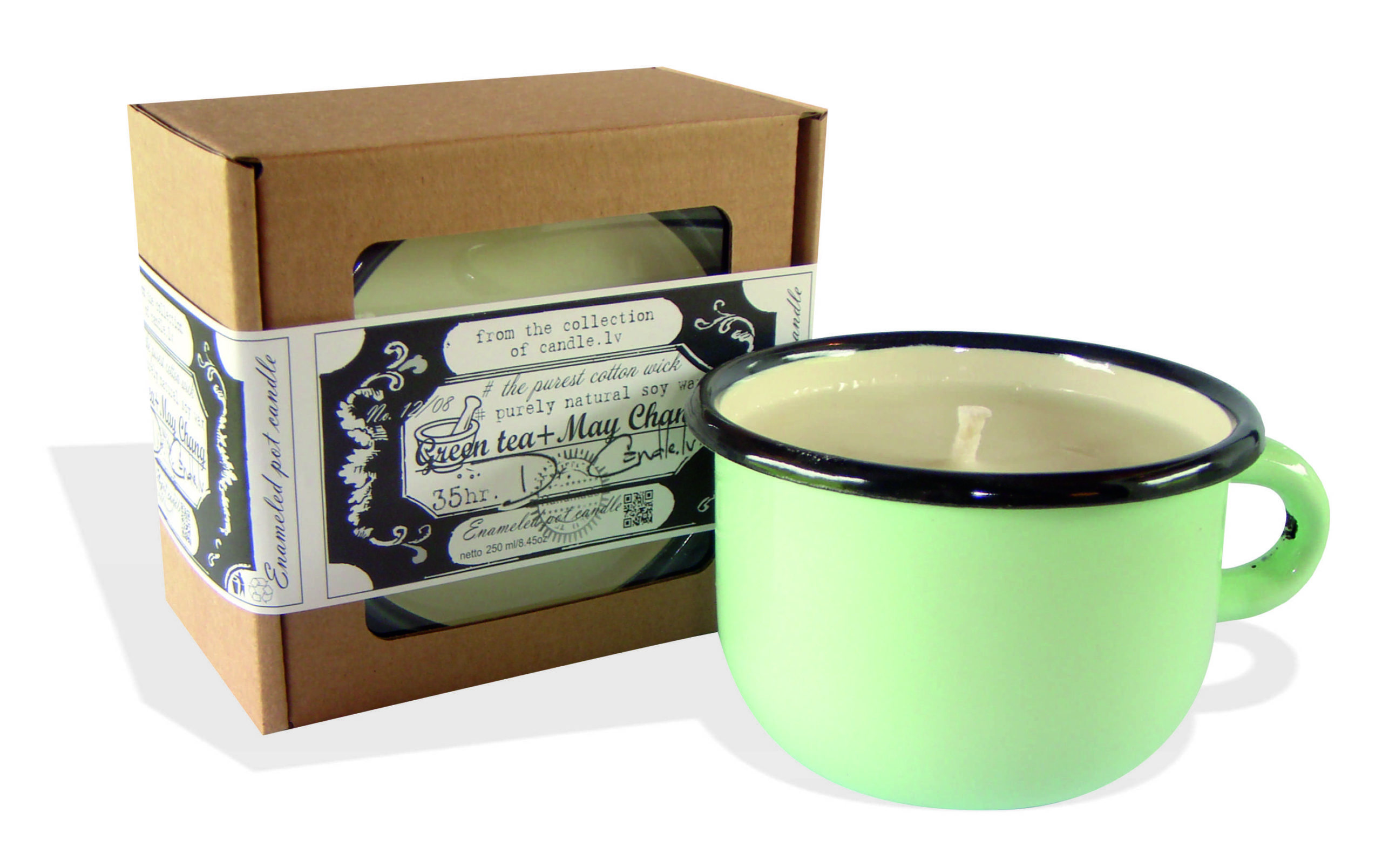 Exclusive interior enameled pot soy wax candle with a cotton wick 250ml green tea may chang