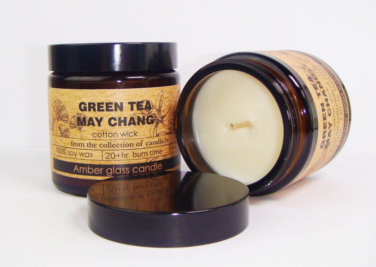 Exclusive interior amber glass soy wax candle with a cotton wick, 120ml/4.06 oz/1 - green tea + may chang