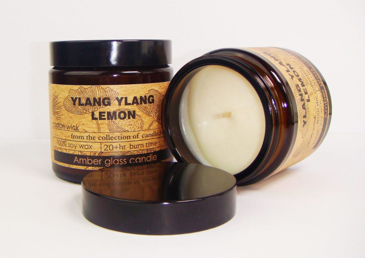 Exclusive interior amber glass soy wax candle with a cotton wick, 120ml/4.06 oz/1 - ylang ylang + lemon